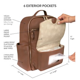 TWELVElittle Peek A Boo Backpack Diaper bag with Stroller Clips, Wipes Pouch and Changing Pad, in Vegan Leather (Toffee, One Size)