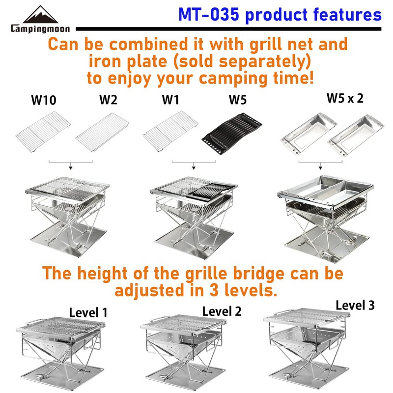 Campingmoon BBQ Grill Fire Pit Foldable Stainless Steel - Medium