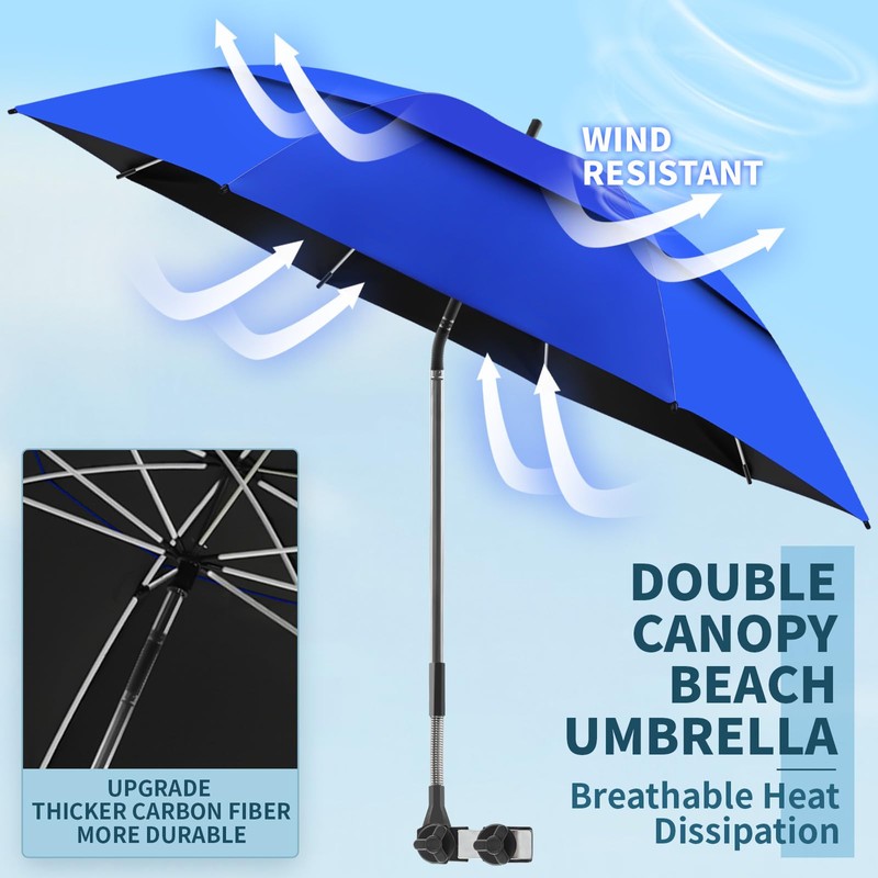 2 Pack 48.6" Double Canopy Beach Umbrella with Clamp, UPF50+