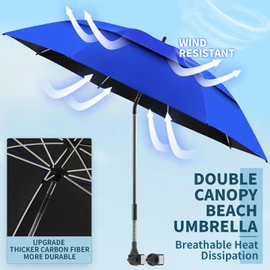 2 Pack 48.6" Double Canopy Beach Umbrella with Clamp, UPF50+ Beach Chair Umbrella with clip, 360°Adjustable Portable Outdoor Wheelchair, Patio, Golf Carts,Camping(Not Include Chair)