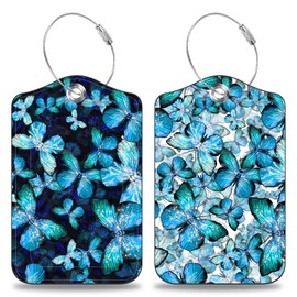 Blue Butterfly Set of 2 Luggage Tags for Suitcases Leather Suitcase Tags Identifiers with Privacy Name Address Label and Stainless Steel Loop for Women Men Travel Luggage Accessories