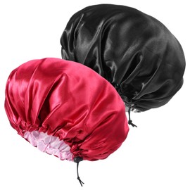 Pack of 2 Satin Bonnet for Sleeping, Abeillo Double Layer Satin Hair Cap, Adjustable Hair Cap, Silk, Large Silk Sleeping Cap, Silk Bonnet Shower Caps for Girls Women Protect Hair, Black + Red