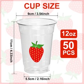 MVRPOWER 50Pcs Strawberry Plastic Cups, 12oz Strawberry Disposable Cups, Clear Drinking Cups for Wedding Birthday Baby Shower Party Supplies