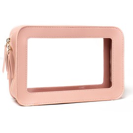 FFpaw Clear Makeup Bag Organizer, TSA Approved Portable Travel Toiletry Bag Multipurpose Cosmetic Bag Case for Women Vegan Leather Make Up Pouch Transparent Vinyl Windows & Handle Strap (Pink)