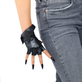 DooWay Women's Fashion Genuine Leather Gloves Half Finger Wrist Fold-over Cuff Imported Lambskin Leather Costume Party RockPunk Fingerless Driving Gloves
