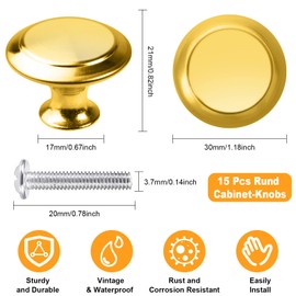 Pack of 12 Drawer Knobs, Gold, Round Furniture Knobs, Mushroom Type Dresser Knobs, Zinc Alloy Furniture Knob with Screws, Wardrobe Knobs for Cupboard, Drawer, Kitchen, Dresser, Dressing Table, Office