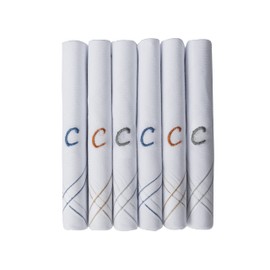 Caruso Italy Mens Monogram (A-Z) Embroidery 100% Pure Cotton Handkerchief White Base with Coloured Edge - Pack of 6, c