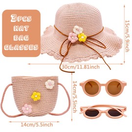 PLNVNVP Straw Hat and Small Bag Set, Girls Children Summer Sun Hat and Sunglasses with Flower Decoration Travel Hat Sun Hat for Holidays Beach Outdoor Activities, pink