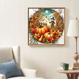Fall Farm Pumpkin Scarecrow Diamond Art Kits for Adults, 5D Diamond Painting Kits for Adults Beginners, DIY Full Round Drill Diamond Dot Painting Gem Art Kits for Adult, Home Wall Decor 13.8x13.8 Inch
