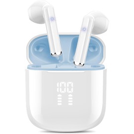 Wireless Earbuds, Mini Bluetooth 5.3 Headphones HiFi Stereo, 4 ENC Noise Cancelling Mic Wireless Earphones 25H Playtime, Touch Control, IPX7 Waterproof White Blue