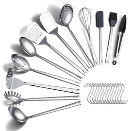 ReaNea Kitchen Cooking Utensils Set 26 Pieces, Stainless Steel Heavy Duty Sturdy Kitchen Tool Set with Hooks, Metal Spatula & Spoon Set Ergonomic Hanging Handles for All Cooking Tasks