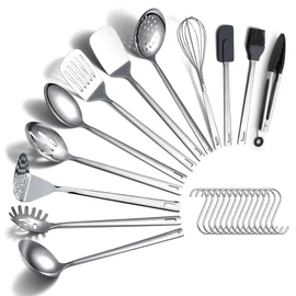 ReaNea Kitchen Cooking Utensils Set 26 Pieces, Stainless Steel Heavy Duty Sturdy Kitchen Tool Set with Hooks, Metal Spatula & Spoon Set Ergonomic Hanging Handles for All Cooking Tasks