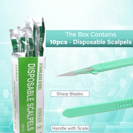 Disposable Scalpel Blades#11 Made of Tempered Stainless-Steel Box of 10 Sterile Scalpel Knives with Plastic Handle - Individual Pouches - for Dermaplaining, Podiatry, Paring of Callus/Warts & More