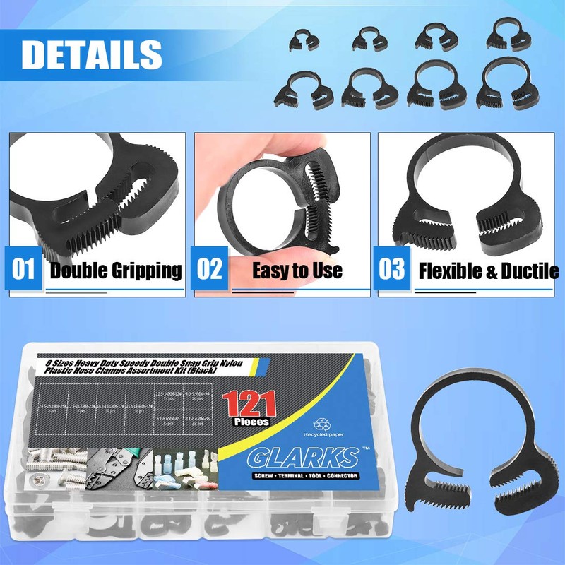 Glarks 121Pcs 8 Size Heavy Duty Black Double Gripping Nylon