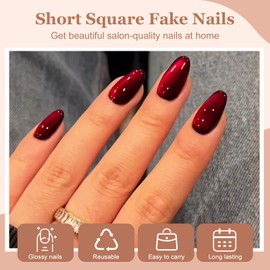 Viugex 24Pcs Red Press on Nails Almond Medium, Cat's Eye Glitter French False Nails, Glossy Solid Acrylic Full Cover Fake Nails, Natural Removable Stick on Nail for Women Girls Manicure Decorations