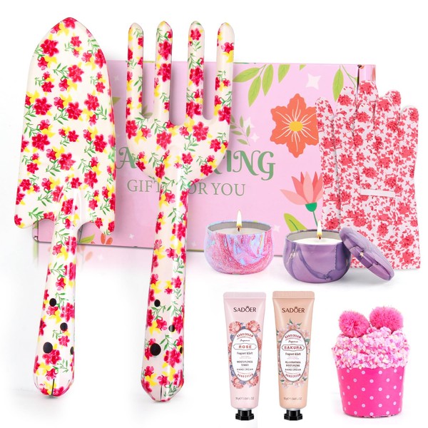 Gardening Gifts for Women, 8Pcs Garden Tools Set Including Hand Trowel, Fork, 2 Hand Creams, 2 Scented Candles, Soft Socks and Gloves, Mother's day Birthday Gifts for Women Mum Gardeners