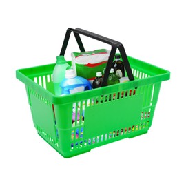 12PCS Green Plastic Shopping Basket with Handles - 28L Retail Grocery Baskets Set for Stores, Supermarket, Groceries