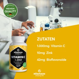 Vitamin C High Dose 1000 mg + Zinc, 360 Tablets for 1 Year, Vegan & Optimally Bioavailable, Natural Dietary Supplement without Unnecessary Additives, Made in Germany
