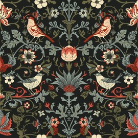 VEELIKE 17.7''x354'' Vintage Birds Berries Peel and Stick Wallpaper Boho Floral Wallpaper by William Morris Wallpaper Mural for Bedroom Removable Pre-Pasted Floral Contact Paper for Walls Powder Room