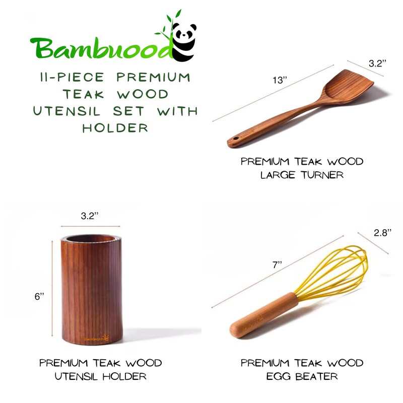11-Piece Premium Teak Wood Utensil Set with Holder - Durable