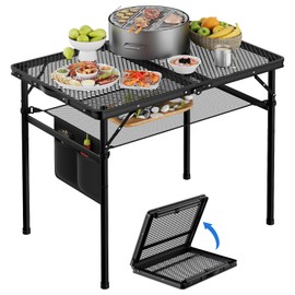 HUAYUANDA Folding Table, 2x1.3 FT Camping Table with Mesh Desktop and Mesh Bag, Portable Picnic Table with Carry Handle, Heights Adjustable Outdoor Grill Table for Garden Patio Yard BBQ