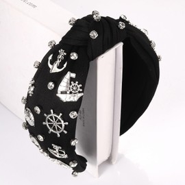 Nautical Headband Ocean Hair Accessories for Women Anchor Ship Wheel Sailboat Knotted Headband Jeweled Crystal Top Knot Hairband Navy Wife Sailor Gifts Summer Beach Outfit Gift