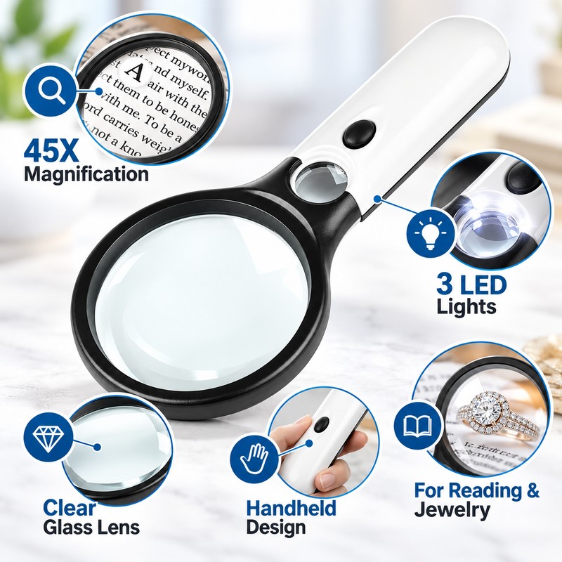 3X/45X Dual Lens Handheld Magnifying Glass with 3 LED Lights