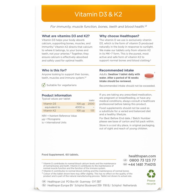 Vitamin D3 and K2 | 60 Tablets | for Immune,