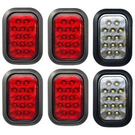 All Star Truck Parts 5x3 4x Red 2x White Rectangle Light 12 LED Stop/Turn/Tail Backup/Reverse Tow Truck Semi Trailer CM Flatbed Reading Postal Hitch Mounted RV Bus Grommet 3 Wire Pigtail Plug Kit 12V