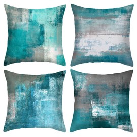 HOSTECCO Teal Cushion Covers 50x50 cm Pack of 4 Turquoise Pillow Cases Abstract Modern Decorative Pillow Covers for Sofa Couch Living Room