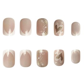 24 Pcs Nude Press on Nails Short Square Fake Nails with Heart & Valentine's Day Design French Tip Square Shape Glue on Nails, Glitter and Cute Press on False Nails for Women Girls Manicure Decoration