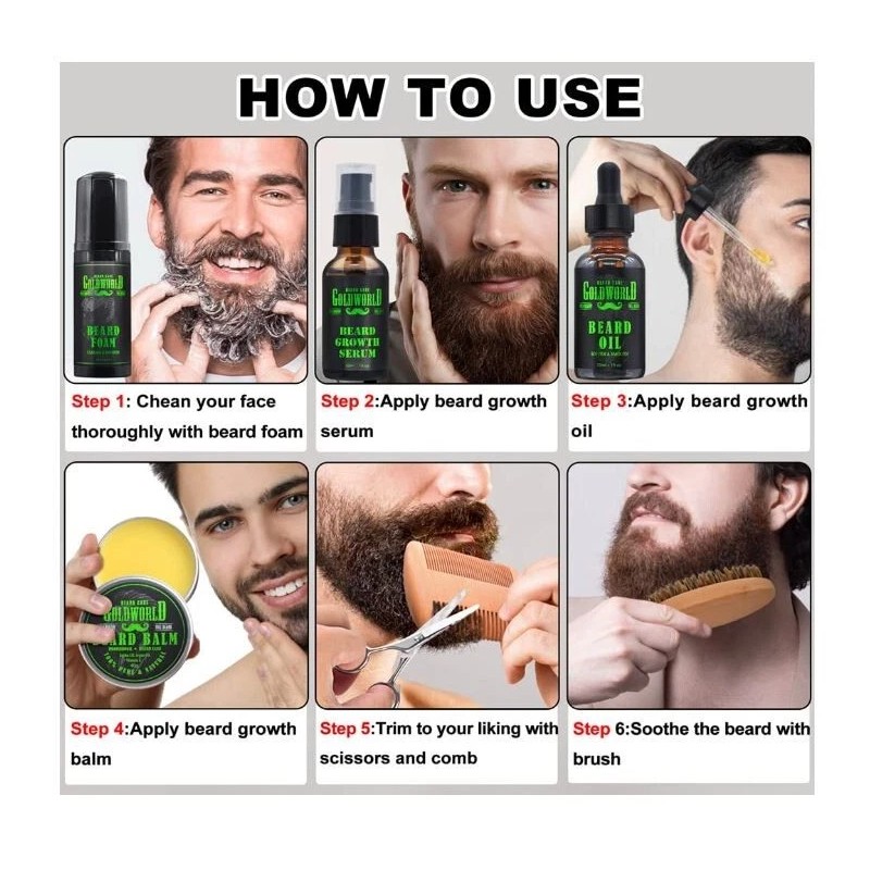 GoldWorld Beard Kit Beard Growth Grooming Kit w/Beard Foam/Shampoo/Wash Beard