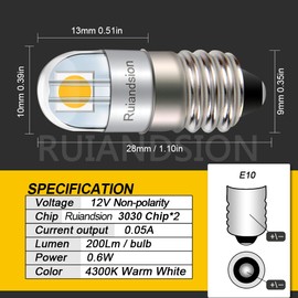 Ruiandsion E10 LED Flashlight Bulb 12V Non Polarity 3030 2SMD Chip 4300K Warm White 200LM for Scientific Experiment Lighting DIY Accessorie Pack of 4