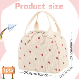 KPSRFG Insulated Lunch Bags for Women Adults, Leakproof Thermal Tote with Strawberry Print – Corduroy Lunch Bag for Work, School, Picnics, Easy to Clean & Lightweight Design (10.2 x 8.5 x 6.5 Inches)
