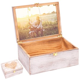 Larger Wooden Memory Keepsake Boxes With Hinged Lids and a photo frame inside the lid - Decorative Storage Box With a Hinge Lids For Picture Letter Time Capsule - 5.3“*8.6”*11.7“ Vintage