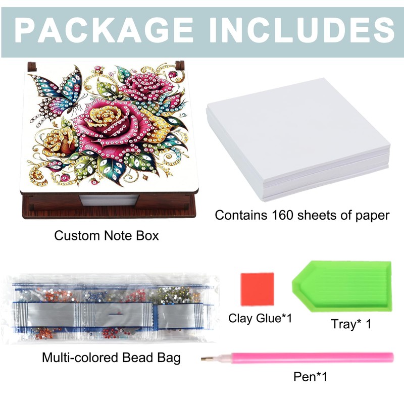 JZHYOAN Flower Diamond Art Wooden Note Box Reusable Portable Notes