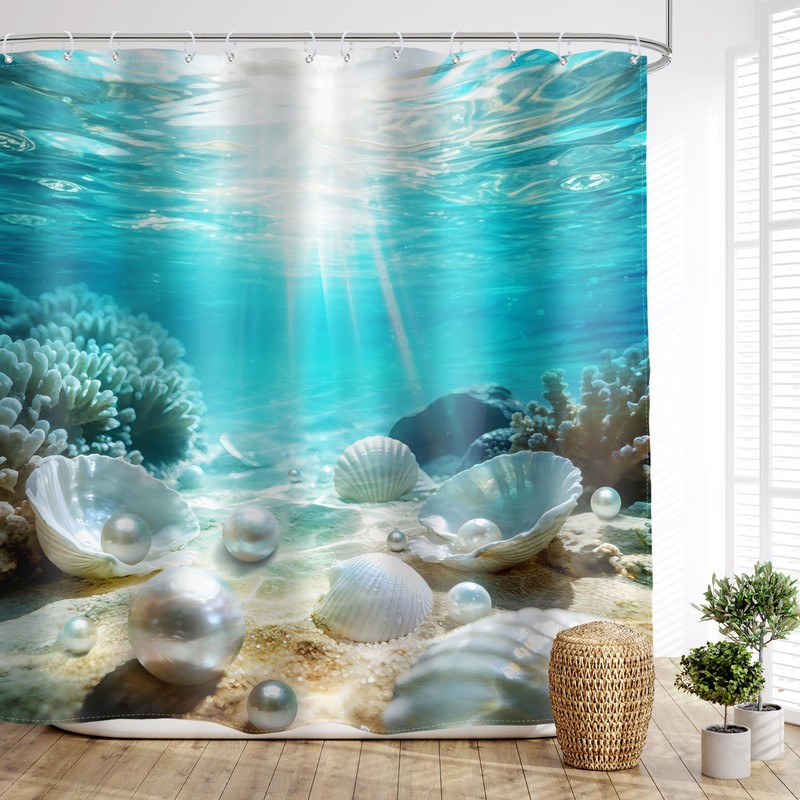 Undersea Shower Curtain Blue Ocean Under Sea Sand Bathroom Curtain