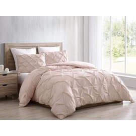 Chezmoi Collection Natalia 3-Piece Pom Poms Fringe Pinch Pleat Duvet Cover Set - Hypoallergenic Soft Washed Microfiber Comforter Cover with Button Closure and Corner Ties - Queen, Blush