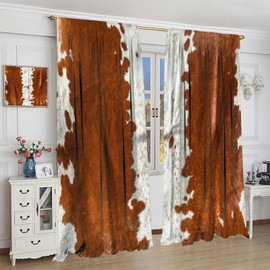 Cowhide Blackout Curtains, Retro Farmhouse Animal Spotted Brown White Cow Texture Print Rod Pocket Curtain Window Treatments 2 Panels Drapes for Dining Room Office Living Room Deocr 42"W X 45"L