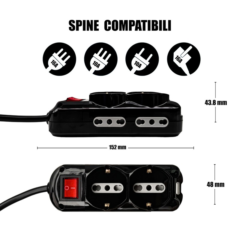 V-TAC Power Strip Black 6 Slots with Switch and Cable