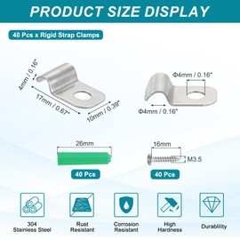 MECCANIXITY 40Pack Rigid Pipe Strap Fit for 5/32in(4mm) Cable, 304 Stainless Steel U Shape Strap Clamp with 1 Hole for Conduit, Wire, Cord, Pipe Fixing