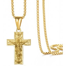 ICTPTOSL Crucifix Necklace for Men Gold Plated Cross Pendant with 24'' Box Chain, Jesus Faith Jewelry Gifts for Men Christians