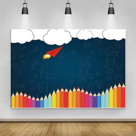 Leyiyi 5x3ft Welcome Back to School Photography Background Old Classroom Chalk Board Blackboard Colored Pens Back Season Grunge Gaffiti Paper Plane Backdrop Students Photo Portrait Vinyl Studio Prop