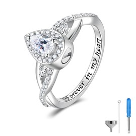 Sterling Silver Urn Ring for Ashes: Women Teardrop Cubic Zirconia Ash Infinity Ring Memorial Cremation Jewelry Bereavement Keepsakes Gift for Loss of a Loved One, Sterling Silver, Cubic Zirconia
