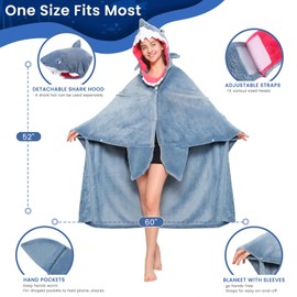 Shark Wearable Blanket Hoodie for Women and Kids, With Premium Soft Cozy Flannel, Detachable Head, Funny & Versatile Throw Wrap With Easy Movement, Shark Gifts for Adults,Oversized