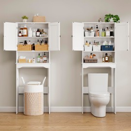 Over The Toilet Storage Cabinet,Bathroom Above Toilet Cabinets Organizer, 24.8" L x 9.1 "W x 65.7 "H Free Standing Toilet Rack with Adjustable Shelf and Open Storage,Double Doors, White