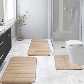 NAKIHOUSE Memory Foam Bath Mat Set, 3 Pieces Bathroom Mat, Bathroom Non-slip Mat, Bath Rug Set Absorbent Water Non-Slip Bath Mat Toilet Rug Bath Rug (Beige,40 * 60 + U50*50 + 50 * 80cm)