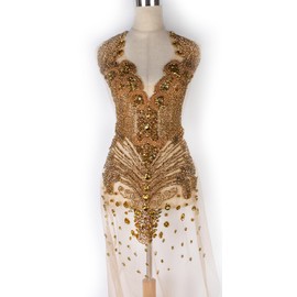 Labellezalay Full Front and Back Bodice Rhinestone Applique Patch,New Large Size 33.4" * 15.7" Decorate Appliques, Gold Silver Rose Gold Shine DIY Dress Applique Patch by Piece (YM2101-1Gold)