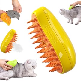 Cepillo Vapor Eléctrico 3 en 1 para Perro y Gato Autolimpiante, Masaje y Aseo Ideal para Eliminar Enredos y Pelaje Suelto (Amarillo)