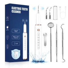 Dental Cleaning Kit Tartar Plaque Remover for Teeth with LED Light 5 Modes Rechargeable Dental Cleaner with Replaceable Headscolor: White